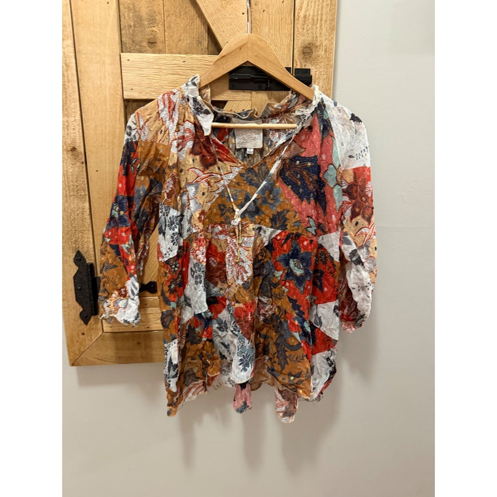 Johnny Was JADE Mixed Print Silk Blend Peasant Blouse Boho Floral Shimmer Small